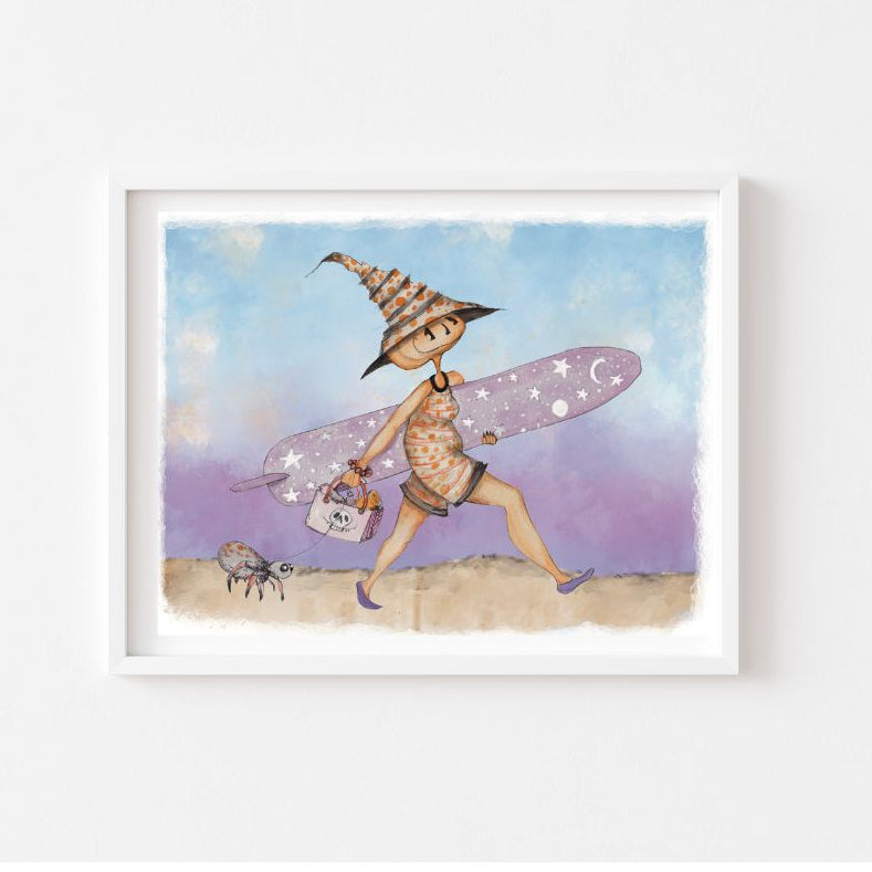 Framed artwork of a witch with a surfboard on a beach with a purple sky.