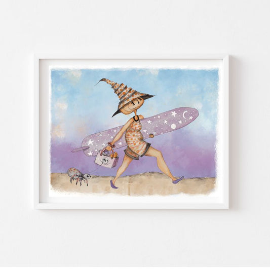 Framed artwork of a witch with a surfboard on a beach with a purple sky.