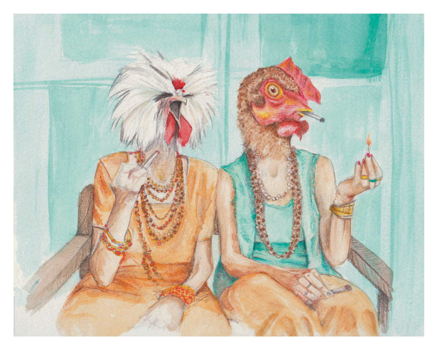 Two chickens dressed in human-like clothing with jewelry, sitting on a bench.